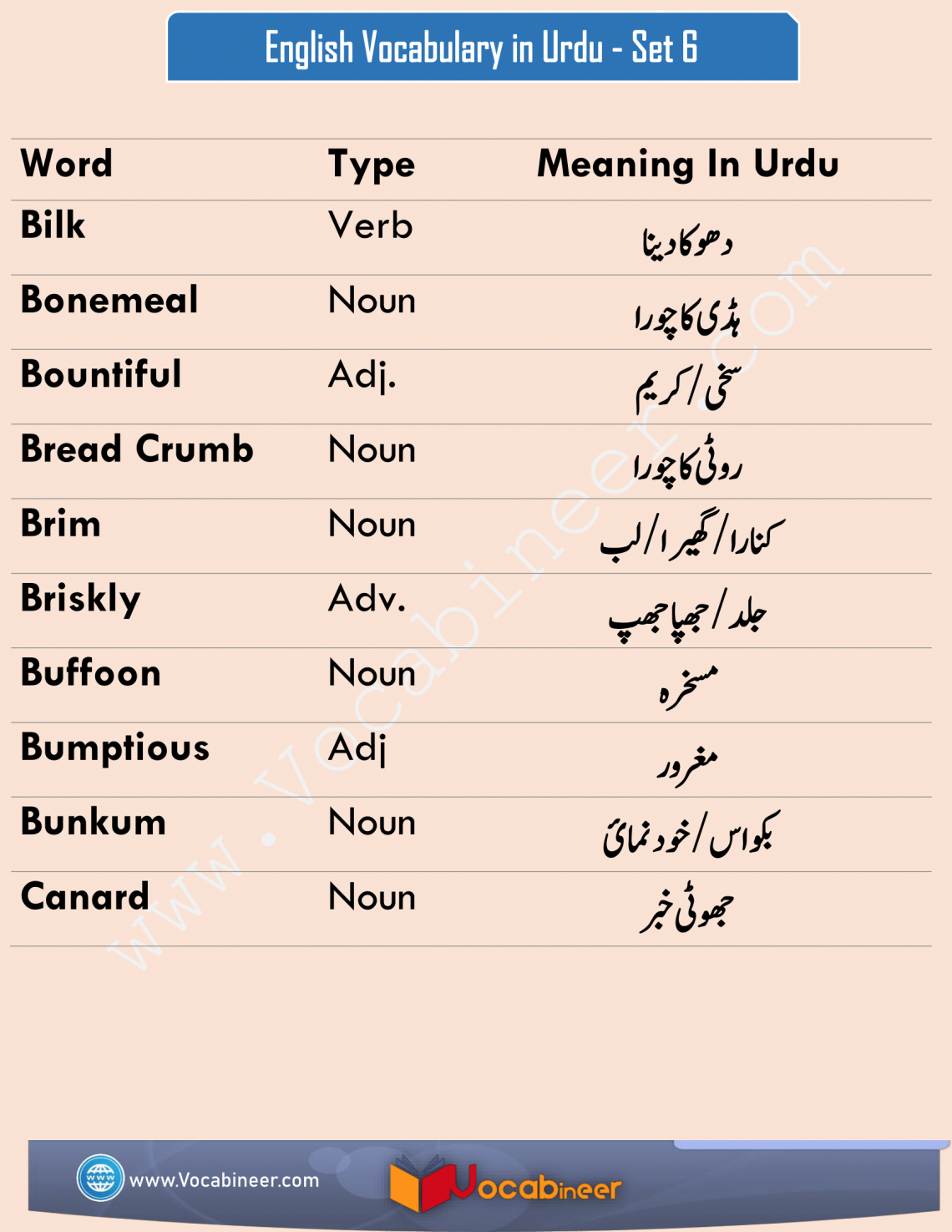 English To Urdu Words Meanings Set 6