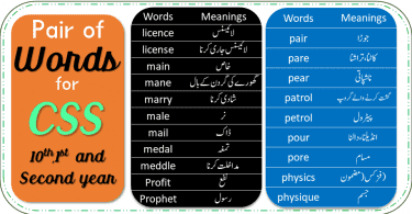 Pair of Words for CSS, 10Th Class, 1st and Second Year with PDF. English vocabulary Pair of words with Urdu meanings and sentences with PDF