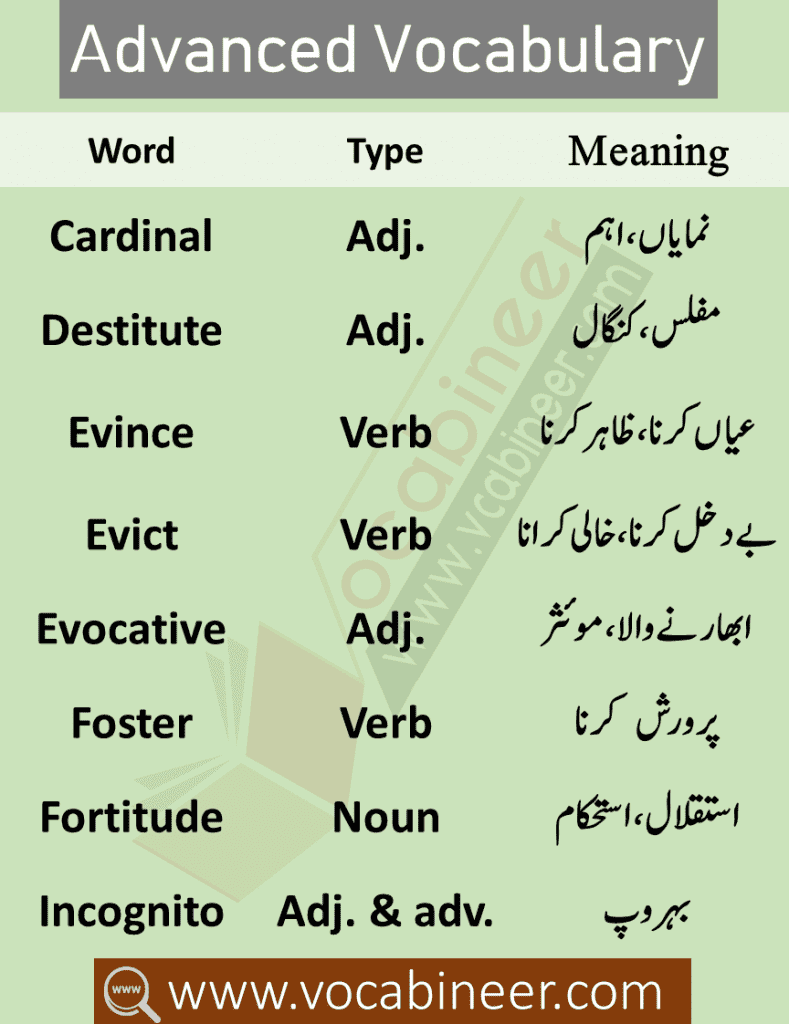 CSS and PMS Vocabulary PDF with Urdu Meanings, English Vocabulary with Urdu meanings for CSS and PMS. CSS Vocabulary PDF, English Vocabulary for exams Preparation, Advanced English Vocabulary for IELTS. CSS Past papers English Vocabulary, English Vocabulary Words with Urdu Meanings, Important English to Urdu Words