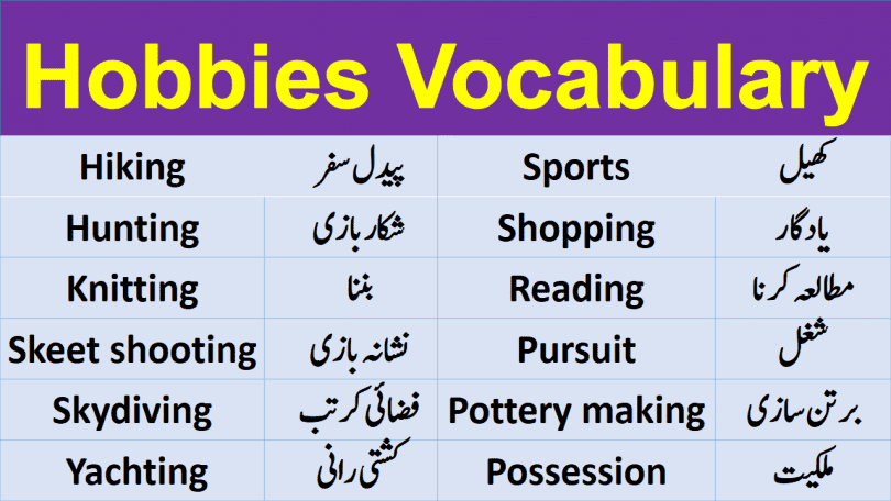 Hobbies Vocabulary with Urdu Meanings help you improve your vocabulary from the very basic to advanced level. The detailed list of vocabulary is effectively helpful for advanced learners especially. Comprehensive list of Words for Hobbies.