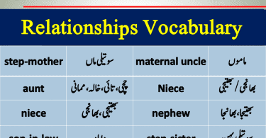 Relationship Vocabulary with Urdu meanings .Family relations chart. Family members in english. Family member’s list. Family vocabulary