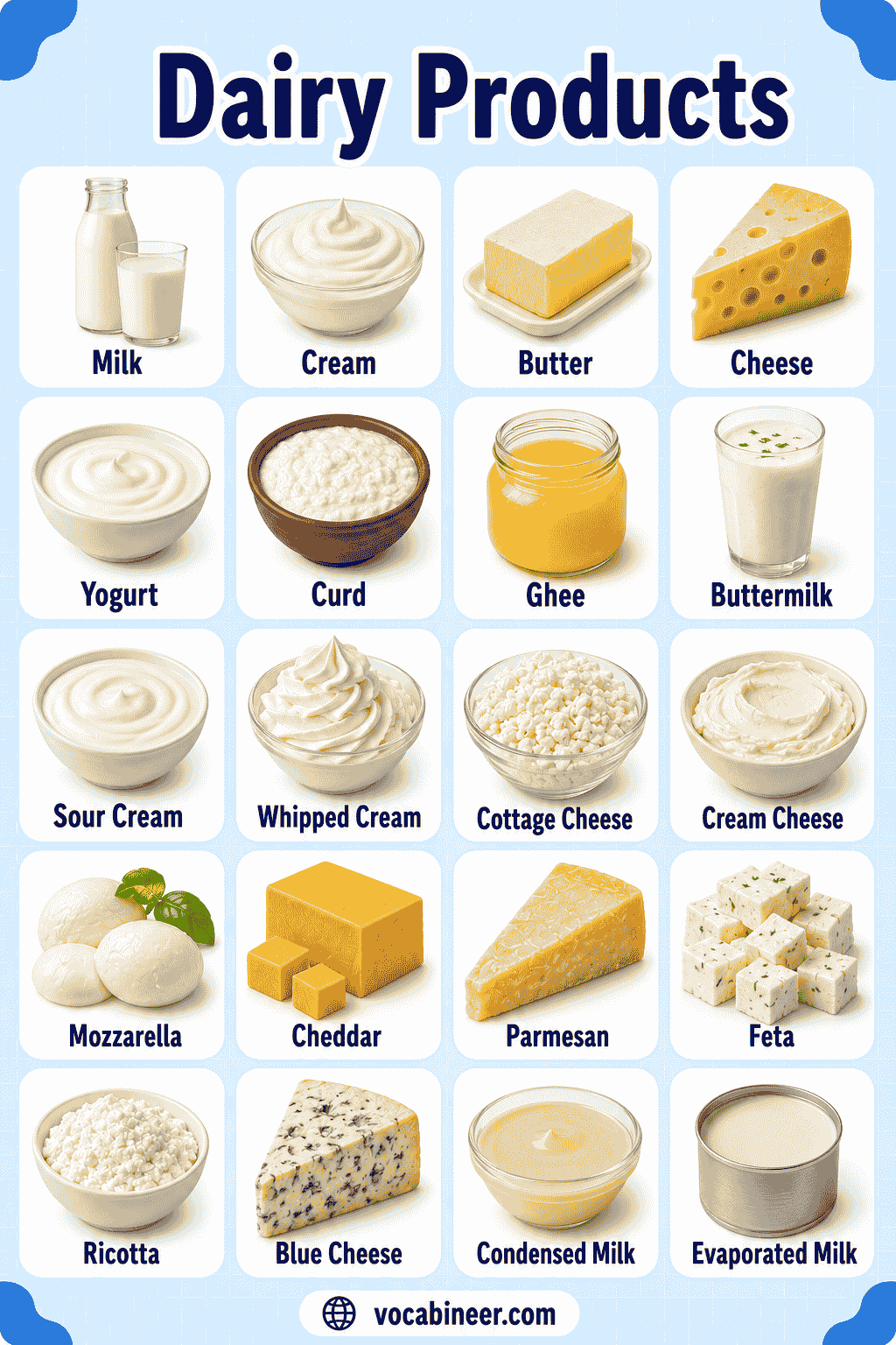 Dairy Product Names in English with Pictures and Meanings