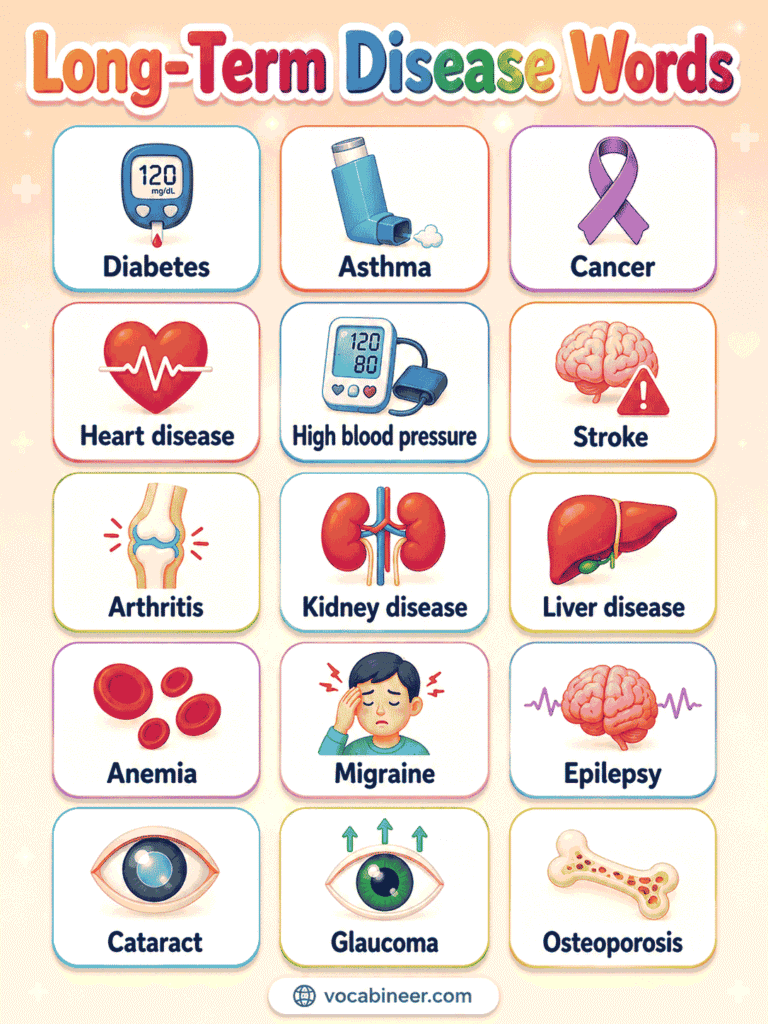 A simple English vocabulary chart showing diseases names with meanings, picture support, and common medical words for easy understanding.