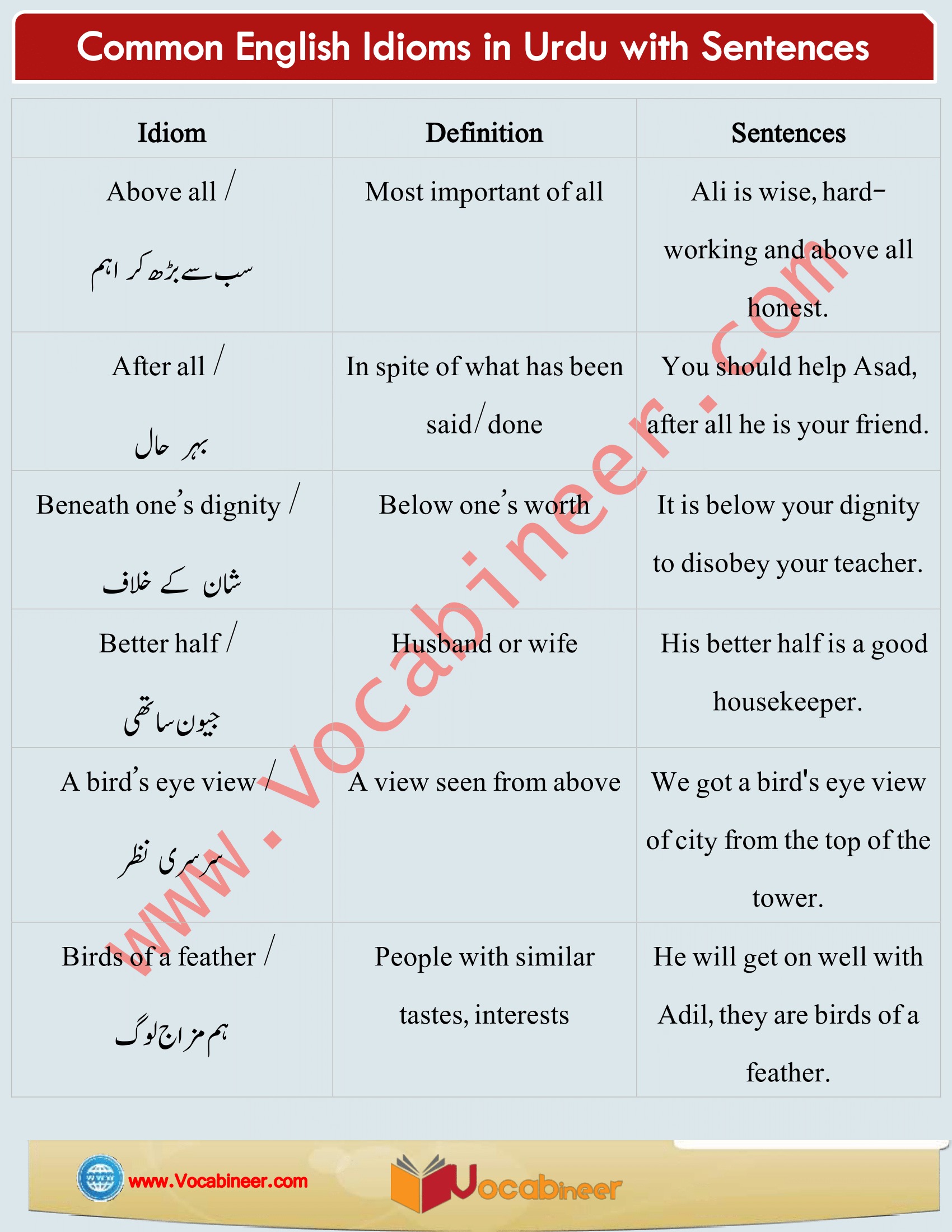 Common English Idioms in Urdu / Hindi, Daily used Idioms with Urdu / Hindi, English Idioms in Urdu, 50 English Idioms in Urdu with sentences, English Idioms we use in daily life, English to Urdu Idioms, Everyday used English Idioms, Most common English Idioms, Daily life English Idioms, 1000 Most common English Idioms, Idioms with sentences, English idioms in Urdu PDF, Download English idioms in PDF, English Idioms with meanings and sentences PDF, Essential Idioms in English PDF, English Idioms in use PDF, American English Idioms with Urdu Hindi meanings, English Idioms with Urdu meanings, Most important English Idioms with sentences, Learn English Idioms through Hindi Urdu, Idioms with Hindi Urdu meanings, Daily used English Idioms with meanings, Spoken English practice, Learn Vocabulary in Urdu.www.vocabineer.com