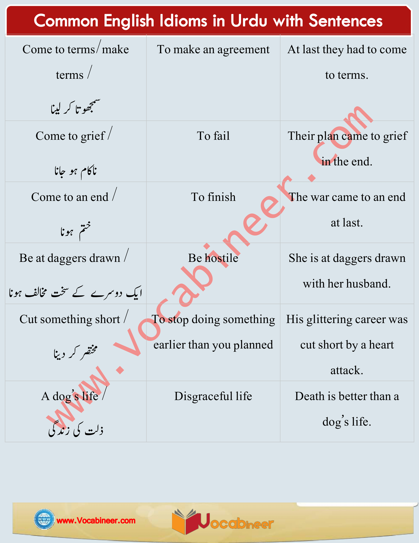 Idioms Meaning in Urdu, Common English Idioms