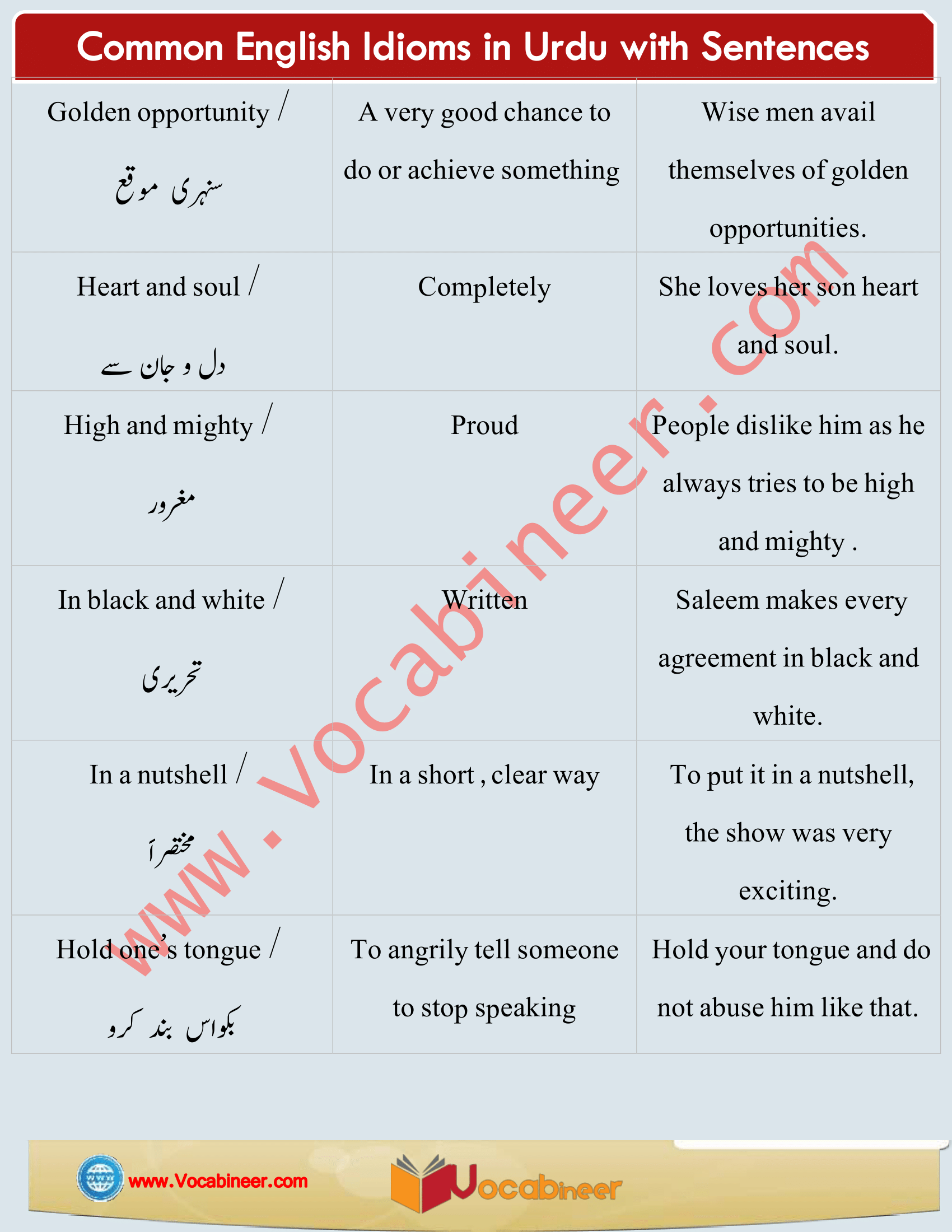 Common English Idioms in Urdu / Hindi, Daily used Idioms with Urdu / Hindi, English Idioms in Urdu, 50 English Idioms in Urdu with sentences, English Idioms we use in daily life, English to Urdu Idioms, Everyday used English Idioms, Most common English Idioms, Daily life English Idioms, 1000 Most common English Idioms, Idioms with sentences, English idioms in Urdu PDF, Download English idioms in PDF, English Idioms with meanings and sentences PDF, Essential Idioms in English PDF, English Idioms in use PDF, American English Idioms with Urdu Hindi meanings, English Idioms with Urdu meanings, Most important English Idioms with sentences, Learn English Idioms through Hindi Urdu, Idioms with Hindi Urdu meanings, Daily used English Idioms with meanings, Spoken English practice, Learn Vocabulary in Urdu.www.vocabineer.com