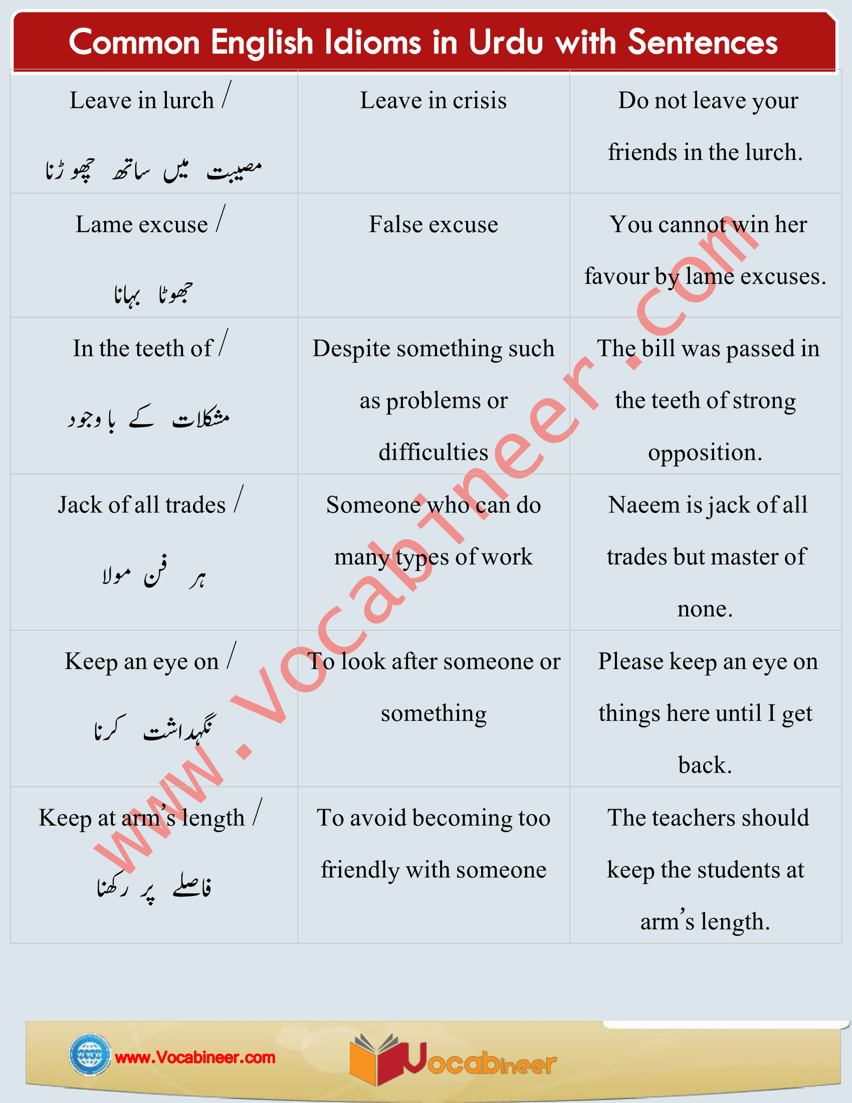 Common English Idioms in Urdu / Hindi, Daily used Idioms with Urdu / Hindi, English Idioms in Urdu, 50 English Idioms in Urdu with sentences, English Idioms we use in daily life, English to Urdu Idioms, Everyday used English Idioms, Most common English Idioms, Daily life English Idioms, 1000 Most common English Idioms, Idioms with sentences, English idioms in Urdu PDF, Download English idioms in PDF, English Idioms with meanings and sentences PDF, Essential Idioms in English PDF, English Idioms in use PDF, American English Idioms with Urdu Hindi meanings, English Idioms with Urdu meanings, Most important English Idioms with sentences, Learn English Idioms through Hindi Urdu, Idioms with Hindi Urdu meanings, Daily used English Idioms with meanings, Spoken English practice, Learn Vocabulary in Urdu.www.vocabineer.com