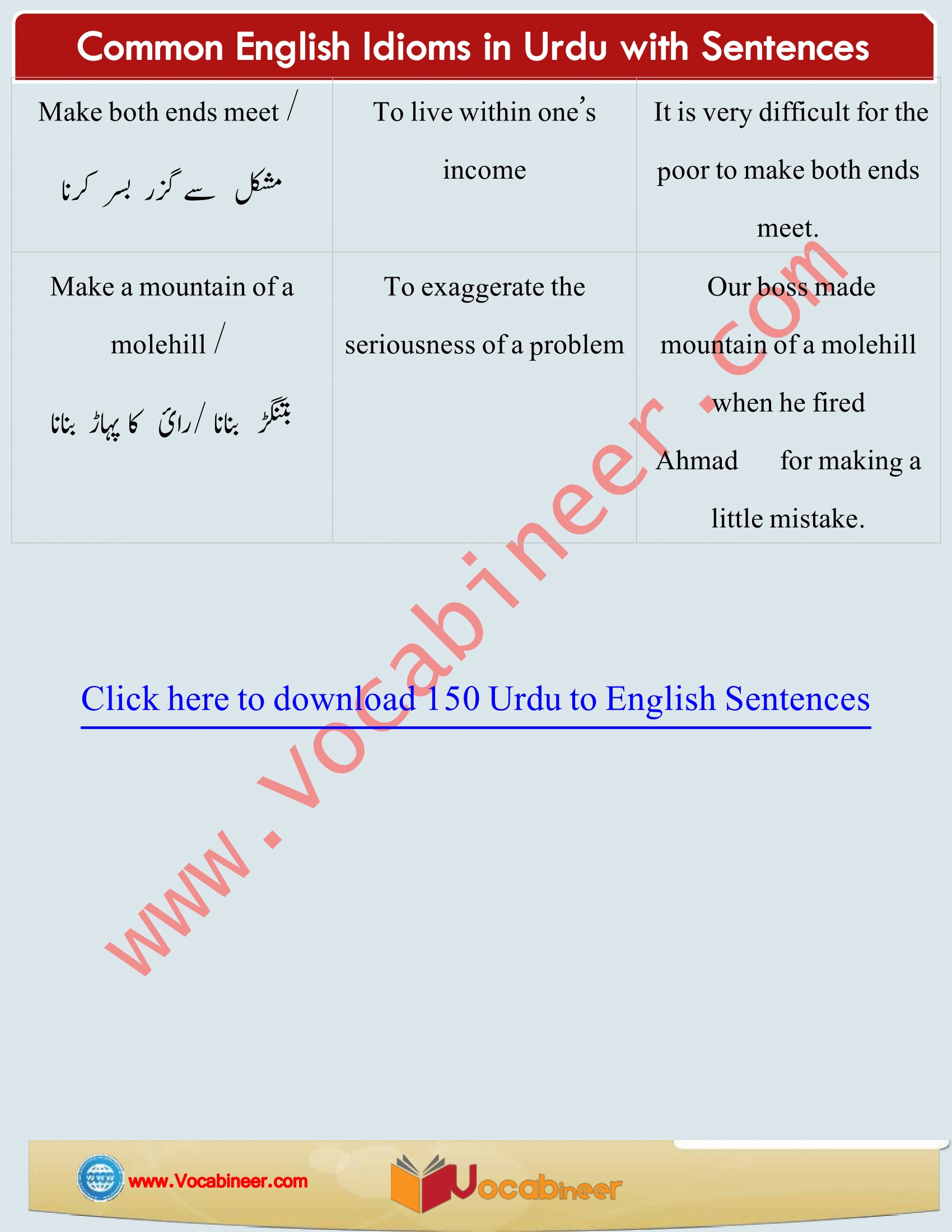 Common English Idioms in Urdu / Hindi, Daily used Idioms with Urdu / Hindi, English Idioms in Urdu, 50 English Idioms in Urdu with sentences, English Idioms we use in daily life, English to Urdu Idioms, Everyday used English Idioms, Most common English Idioms, Daily life English Idioms, 1000 Most common English Idioms, Idioms with sentences, English idioms in Urdu PDF, Download English idioms in PDF, English Idioms with meanings and sentences PDF, Essential Idioms in English PDF, English Idioms in use PDF, American English Idioms with Urdu Hindi meanings, English Idioms with Urdu meanings, Most important English Idioms with sentences, Learn English Idioms through Hindi Urdu, Idioms with Hindi Urdu meanings, Daily used English Idioms with meanings, Spoken English practice, Learn Vocabulary in Urdu.www.vocabineer.com