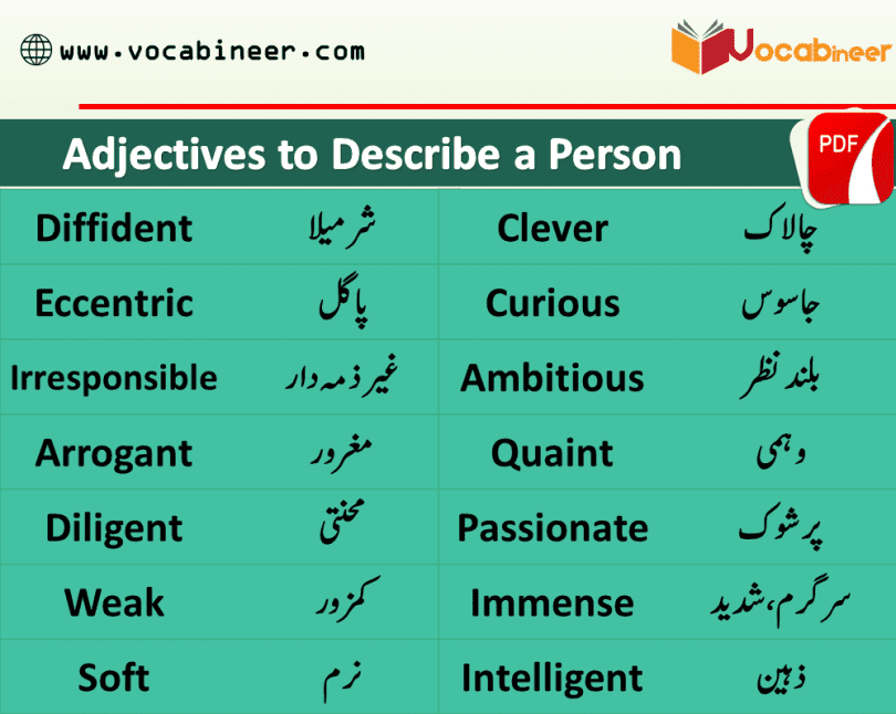 Personality Adjectives in Urdu & Hindi, adjectives to describe a person, Adjectives of personality in Urdu Hindi, English vocabulary, Most used English words in Urdu, English vocabulary for beginners, English words list. character adjectives. personality vocabulary.