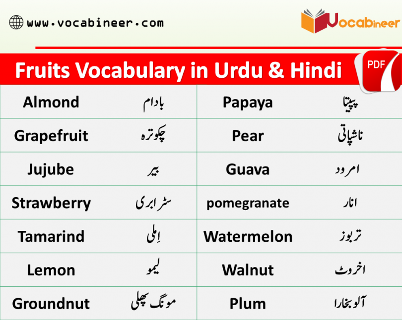 Fruits Vocabulary in Urdu & Hindi, English vocabulary with Urdu meanings, List of daily used vocabulary in Urdu, Common English vocabulary with Urdu &  Hindi
