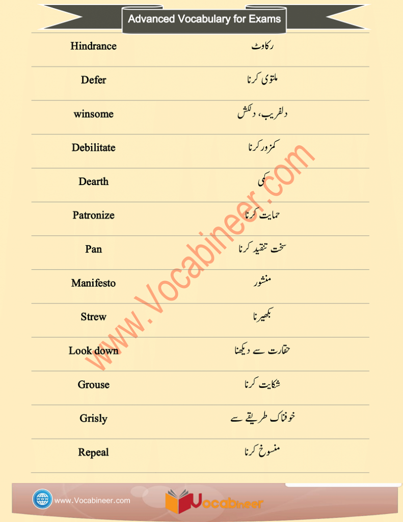 CSS Vocabulary Words with Urdu Meaning and PDF