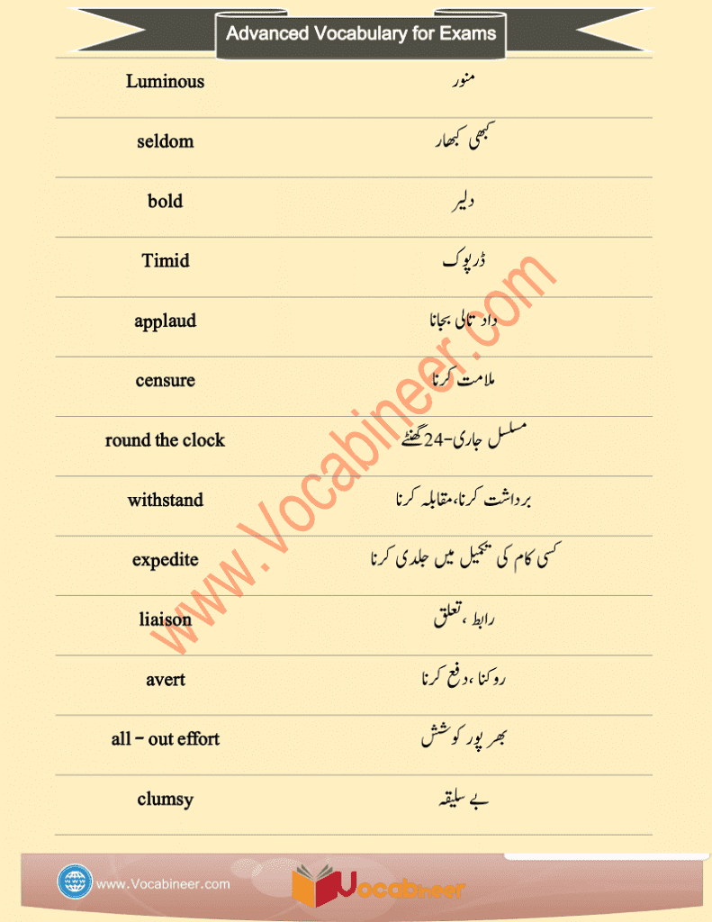 CSS Vocabulary Words with Urdu Meaning and PDF