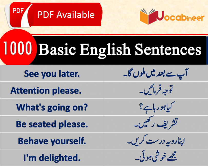 Basic English lessons in Hindi, 1000 English sentences in Urdu, 1500 English sentences in Hindi PDF, Often Used English sentences in Urdu, Kids sentences, Essential English sentences PDF