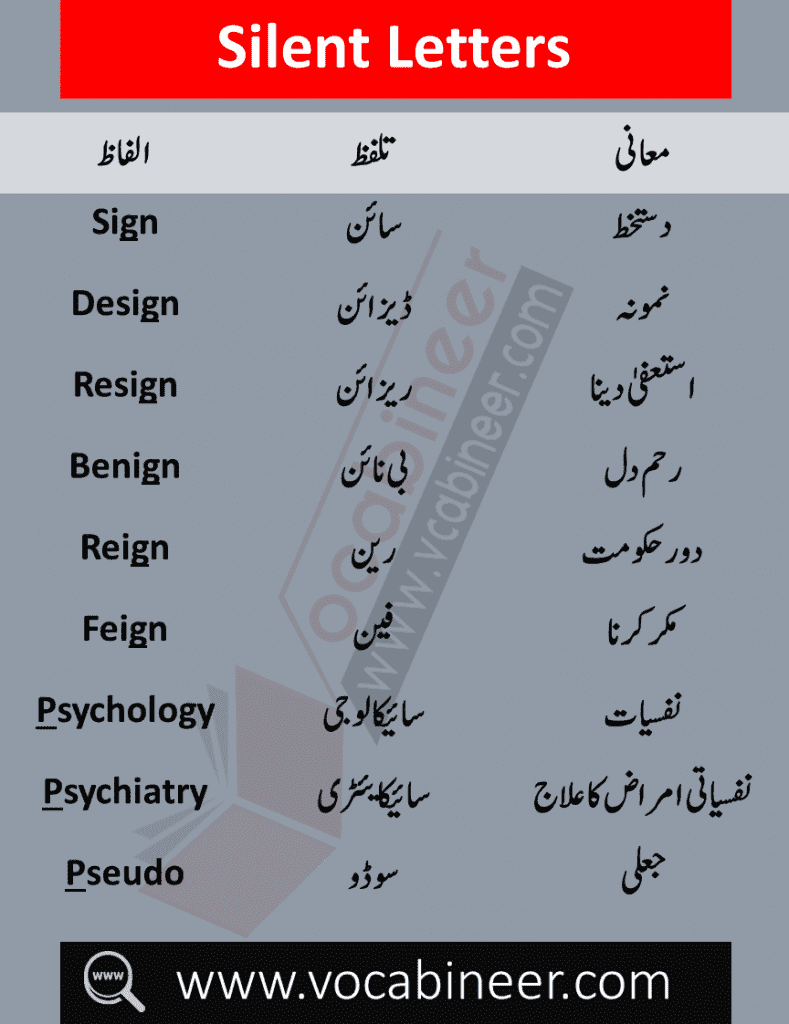 Silent Letters in Words with Urdu Meanings contains 100 words of daily use in English with silent letters. Words with silent letters, Silent letters in English, Pronunciation Lesson in Urdu