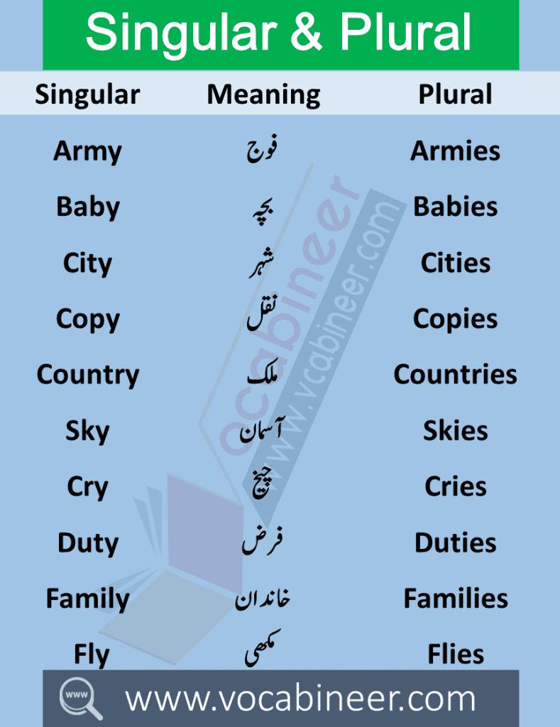 Singular Plural in Urdu 100 Urdu words in English PDF Wahid Jama in Urdu Singular Plural in Urdu meanings this lesson consists of 100 Singular Plural English words with meanings in Urdu used in daily life.