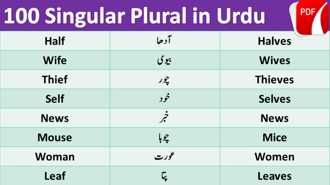 100 Singular Plural Nouns List Examples In Urdu Or Hindi With Pdf