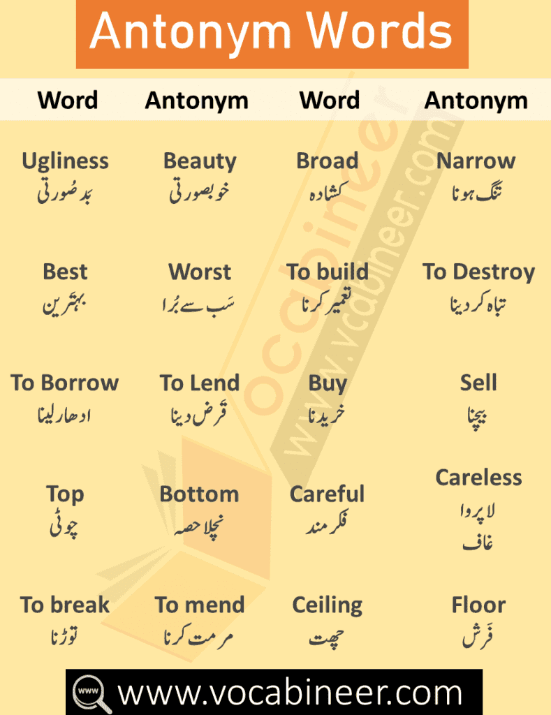 Opposite Words with Urdu & Hindi Meanings, Opposite Words in English, English Vocabulary Words in Urdu, Spoken English Course in Urdu, English to Urdu Vocabulary Words, Urdu Words, Hindi Words, English through Urdu,Synonyms and Antonyms List with Urdu & Hindi Meanings, 100 words with synonyms and antonyms, list of synonyms and antonyms, synonyms and antonyms PDF, synonyms and antonyms dictionary, synonyms and antonyms words, vocabulary synonyms and antonyms