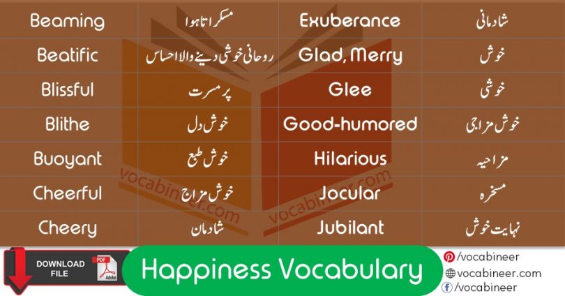 Happiness Related Vocabulary with Urdu Meanings
