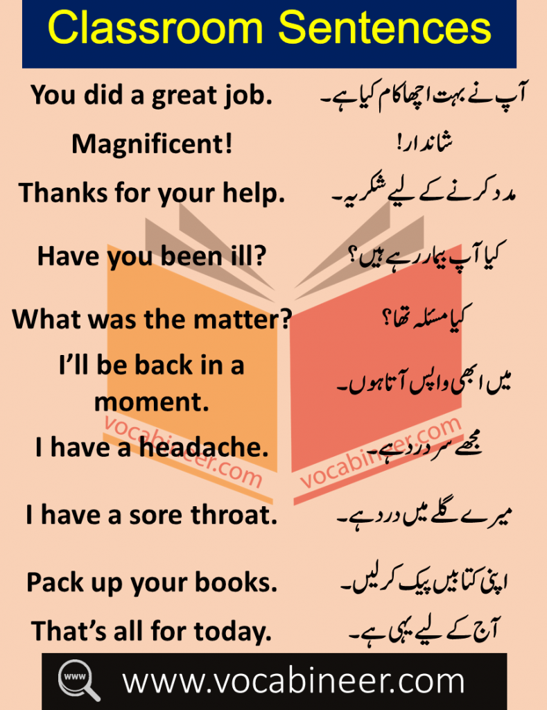Daily Use Sentences in Classroom with Urdu Translation Learn Common Classroom related vocabulary and sentences with Urdu Translation for improving your English Speaking.