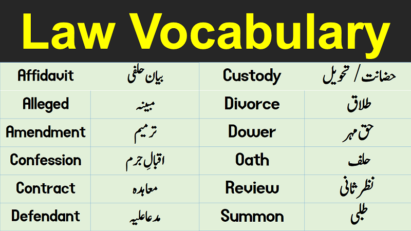 Law Terms & Vocabulary with Urdu / Hindi Meanings learn important law vocabulary words and terms with Urdu & Hindi meanings list of legal terminology with their meanings.