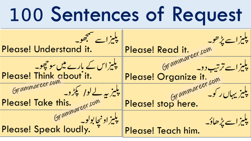 Sentences of Request in Urdu and Hindi Translation learn how to make request in different ways using 100 common English sentences with Urdu and Hindi Translation.
