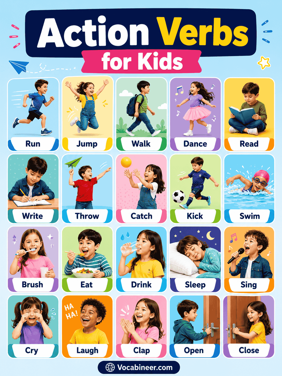 Common action words in English with simple examples