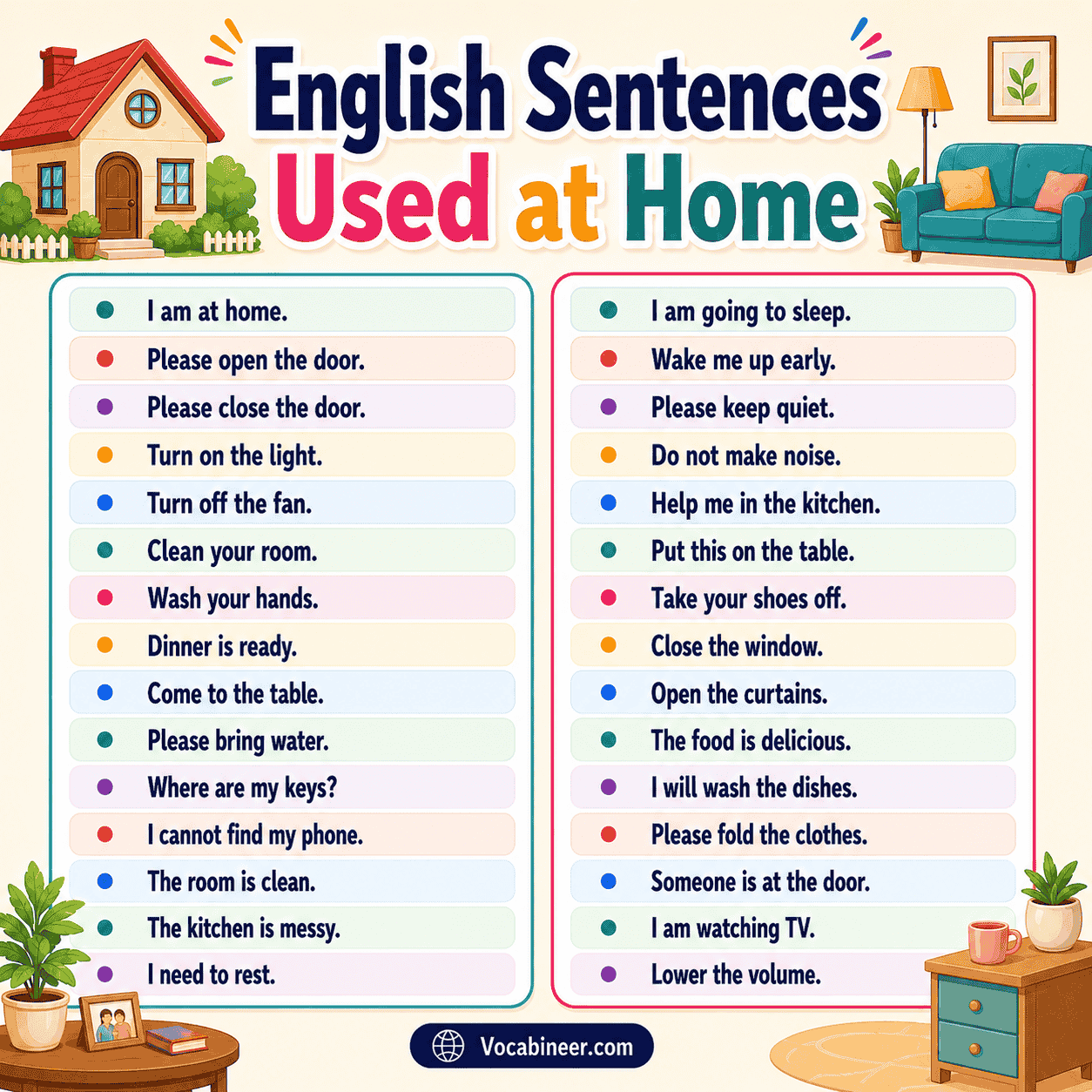 English sentences used at home in daily life, including open the door, dinner is ready, bring water, clean your room, and lower the volume.