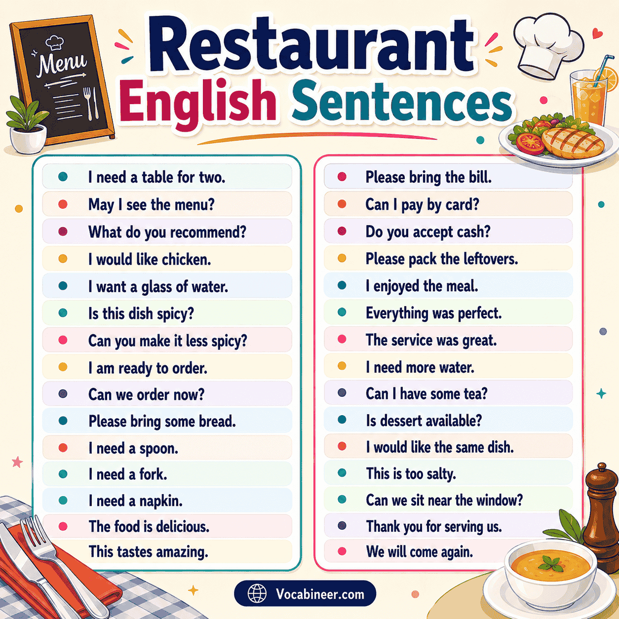 Useful English sentences used in restaurant, including may I see the menu, what do you recommend, please bring the bill, and the food is delicious.