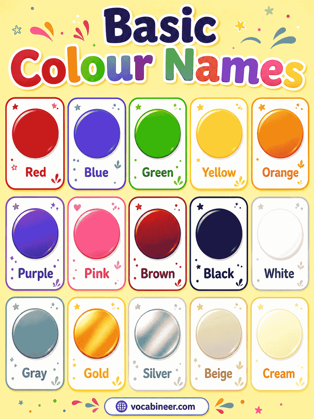 basic colour names with simple picture examples.