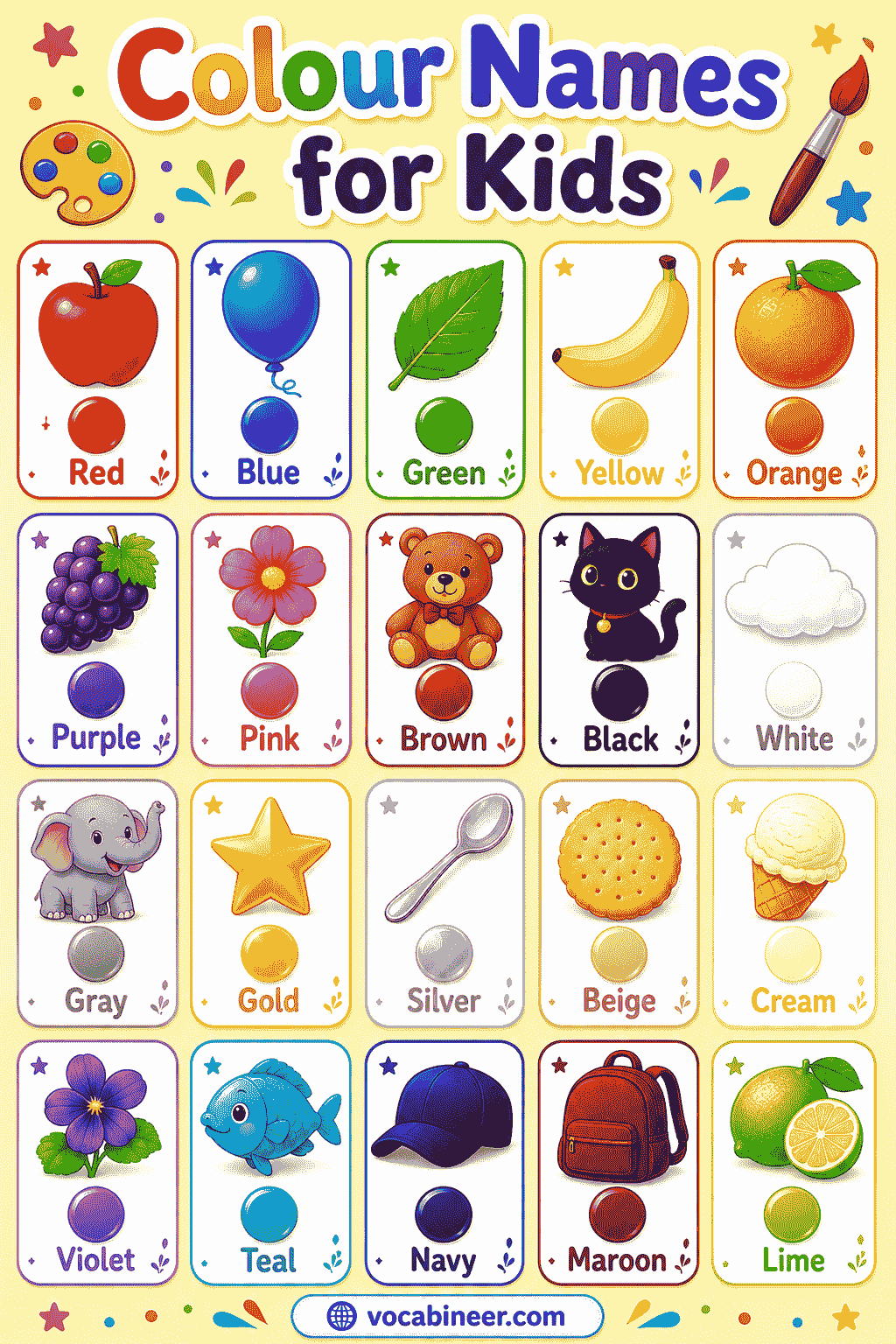 Easy colour names for kids with bright image examples.