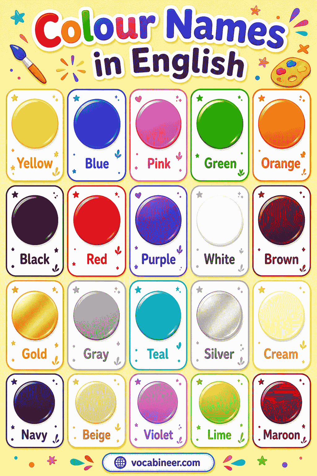 Common colour names in English with clear picture examples.