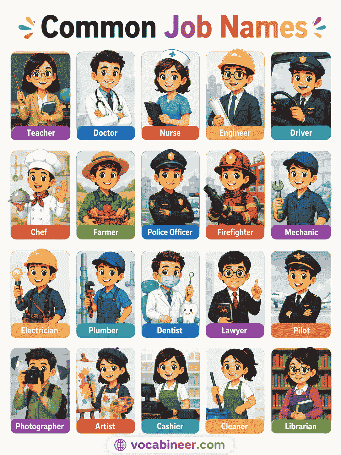 Professions and occupations vocabulary in English with meanings