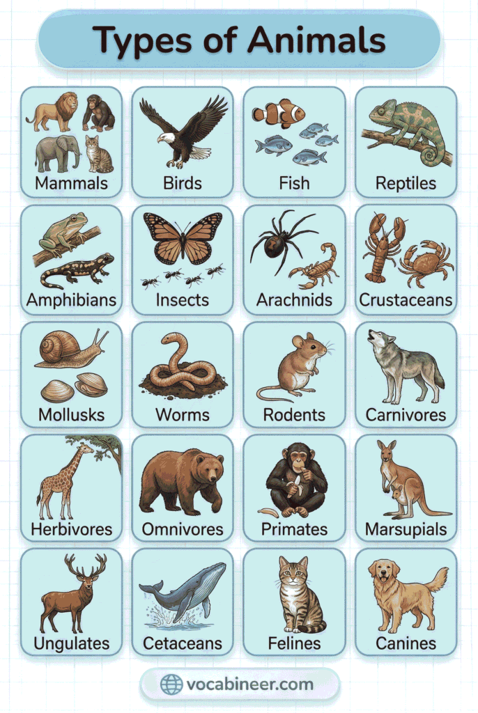 Types of animals names in English with pictures including wild animals, farm animals, pets, and birds for ESL learners