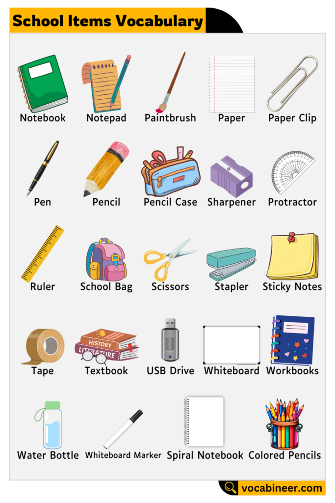School Items Name For Kids In English With Pictures