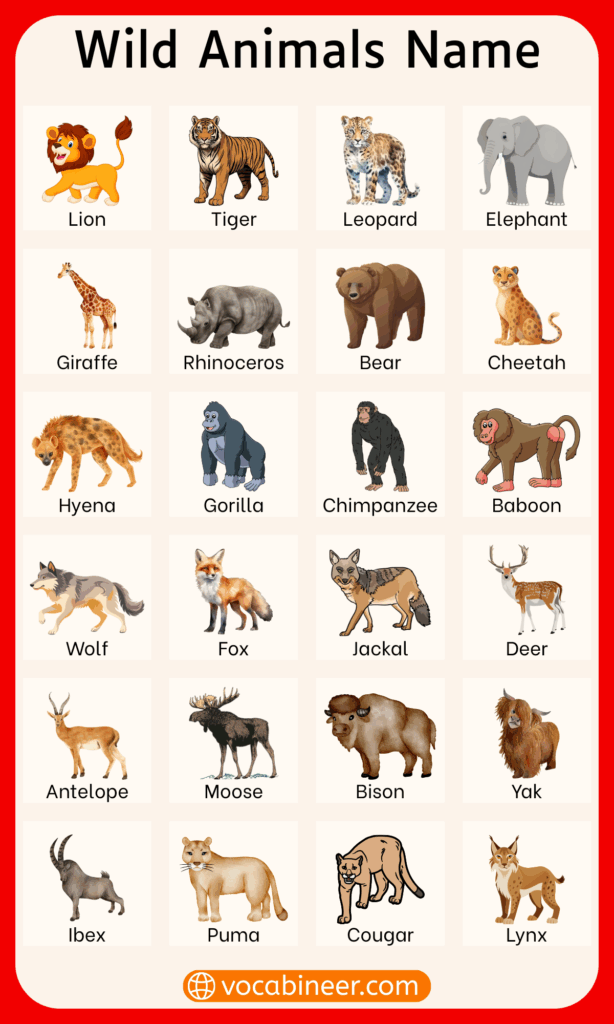 List of 100 Wild Animals Name in English with Pictures (A–Z)
