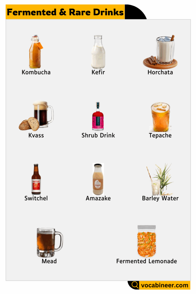 Learn Fermented & Rare Drinks Names in English with pictures