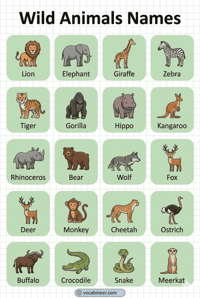 List of wild animals names in English with labeled pictures in an ESL vocabulary chart