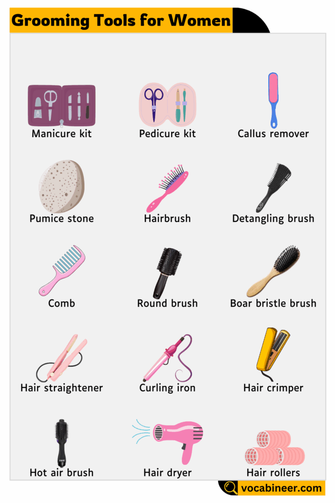 Types of Grooming Tools for Women covering hair, face, skin, and nail care