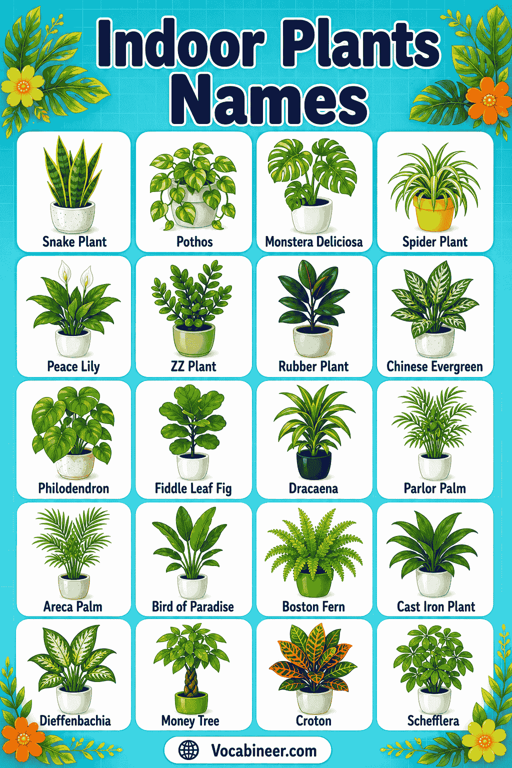 A visual indoor plant chart showing 50 common indoor plants with names and pictures, including Snake Plant, Pothos, Spider Plant, Peace Lily, ZZ Plant, Monstera, Philodendron, Rubber Plant, Aloe Vera, and Jade Plant.