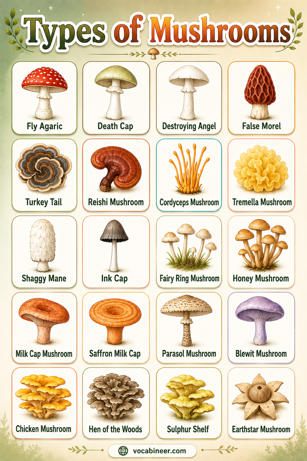 A visual edible mushroom chart showing popular cooking mushrooms with pictures, including button, cremini, portobello, shiitake, oyster, porcini, chanterelle, and morel.
