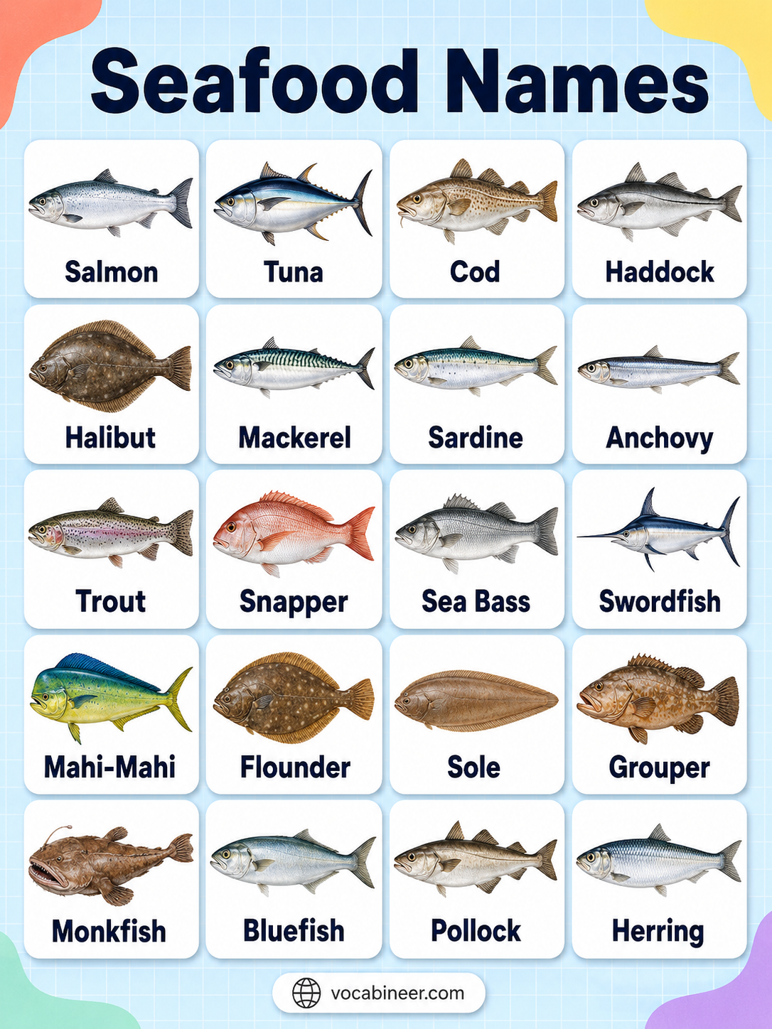 Seafood Names List in English for Learners