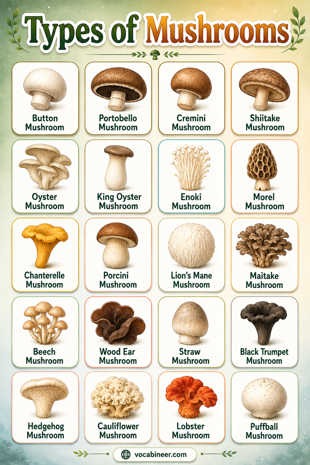 A visual mushroom chart showing types of mushrooms with pictures, including button, cremini, portobello, shiitake, oyster, enoki, porcini, morel, chanterelle, and truffle.