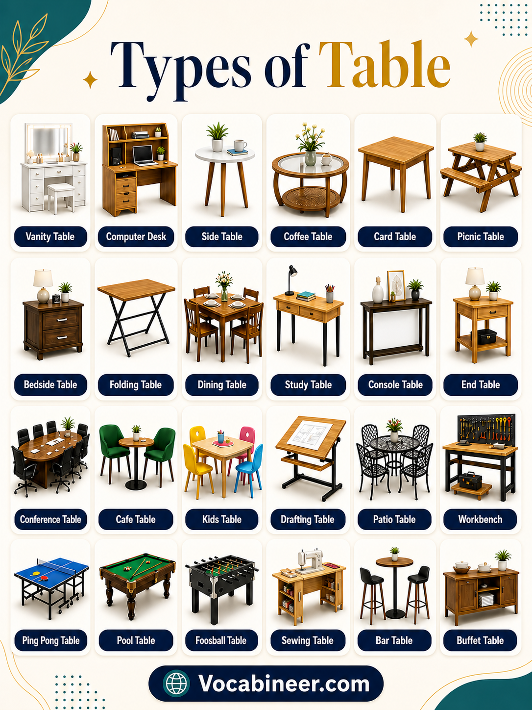 100 common types of tables in English with pictures, including dining tables, coffee tables, bedside tables, office tables, folding tables, and outdoor tables.