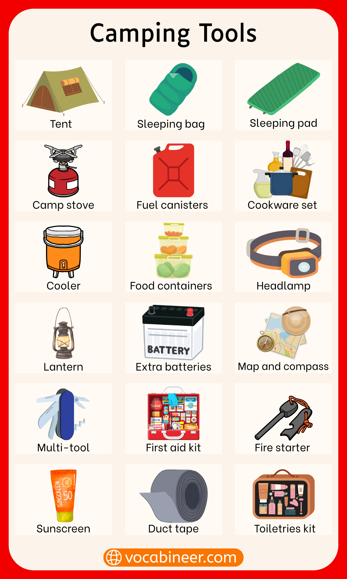 Camping Tools and Equipment Names and their Pictures