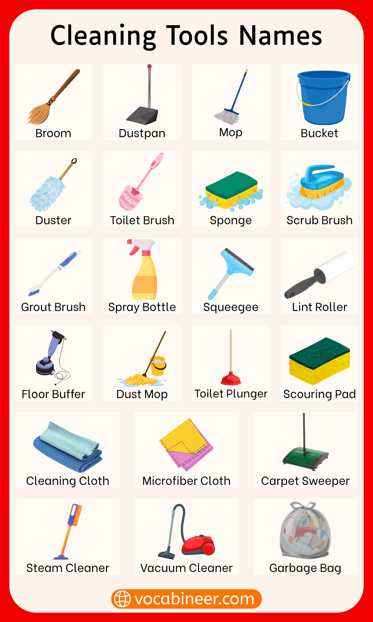 Cleaning Supplies and Equipment Names in English with Pictures