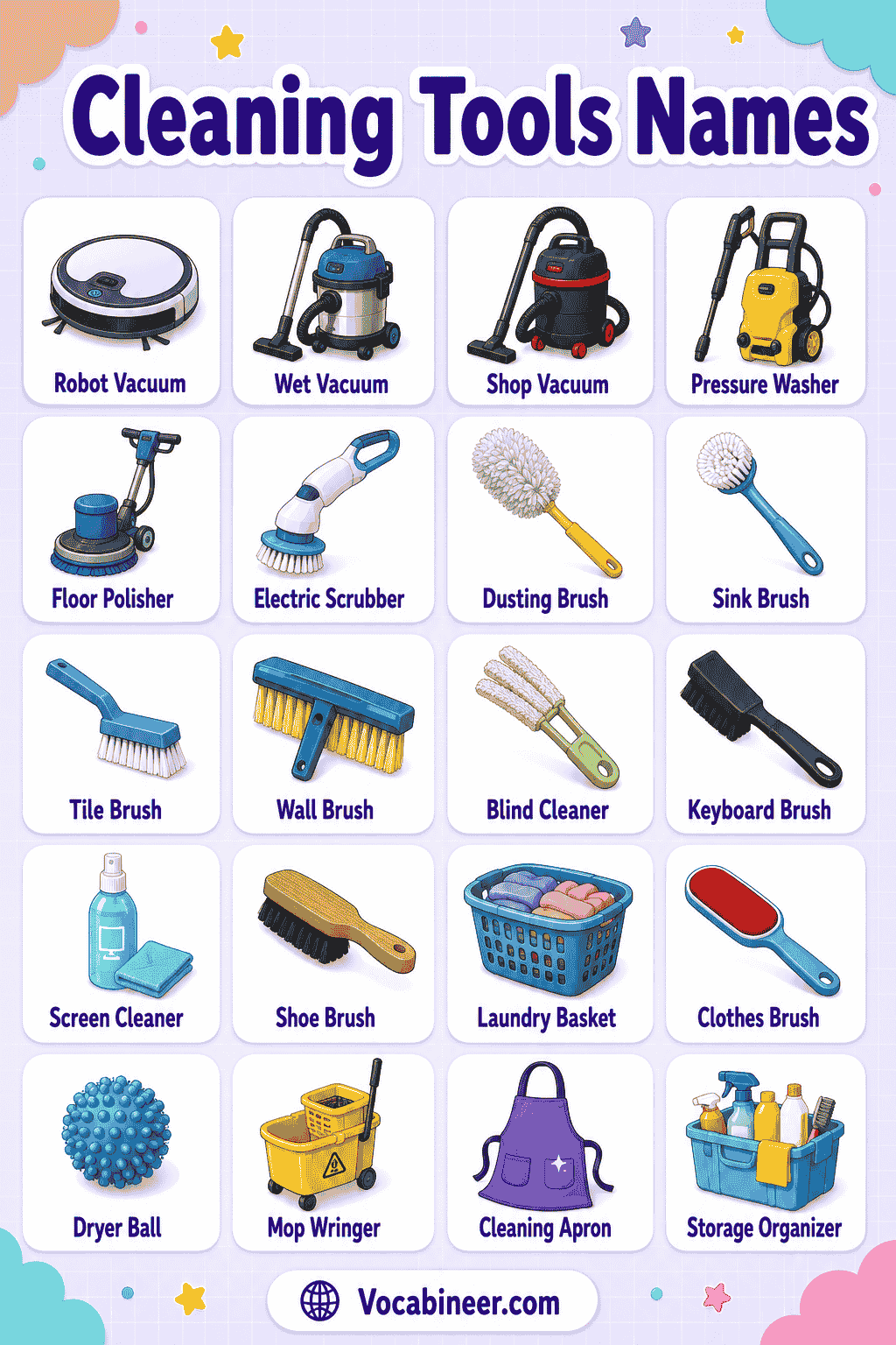 A visual cleaning tools chart showing common cleaning tools with names and pictures, including broom, mop, bucket, duster, sponge, brush, dustpan, vacuum cleaner, spray bottle, and cleaning cloth.