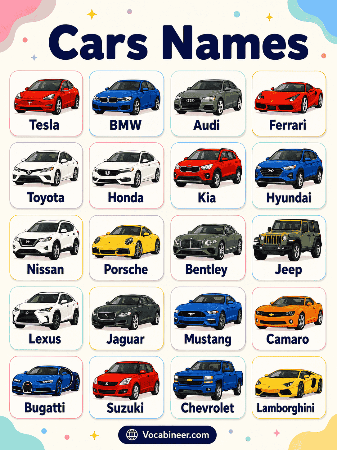Common car types names with pictures, including sedan, hatchback, SUV, coupe, convertible, wagon, minivan, pickup truck, taxi, and electric car.