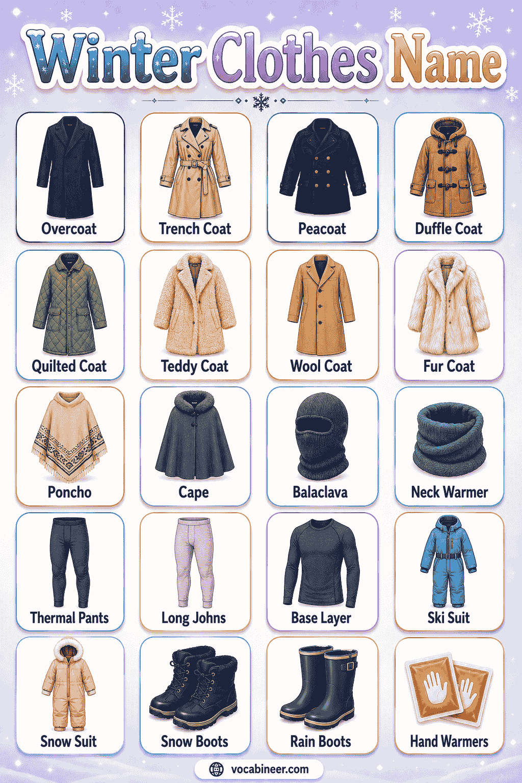 Common winter clothes names in English with picture examples, including sweater, hoodie, coat, jacket, cardigan, scarf, gloves, and beanie.