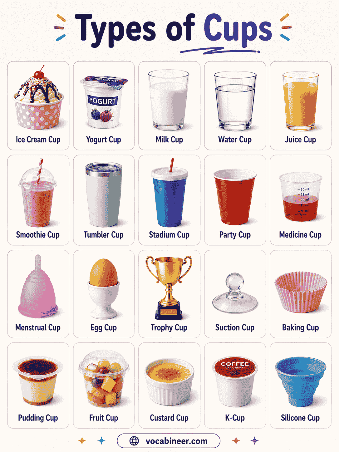 ommon cup names in English with simple uses for drinks, travel, kids, and daily life.