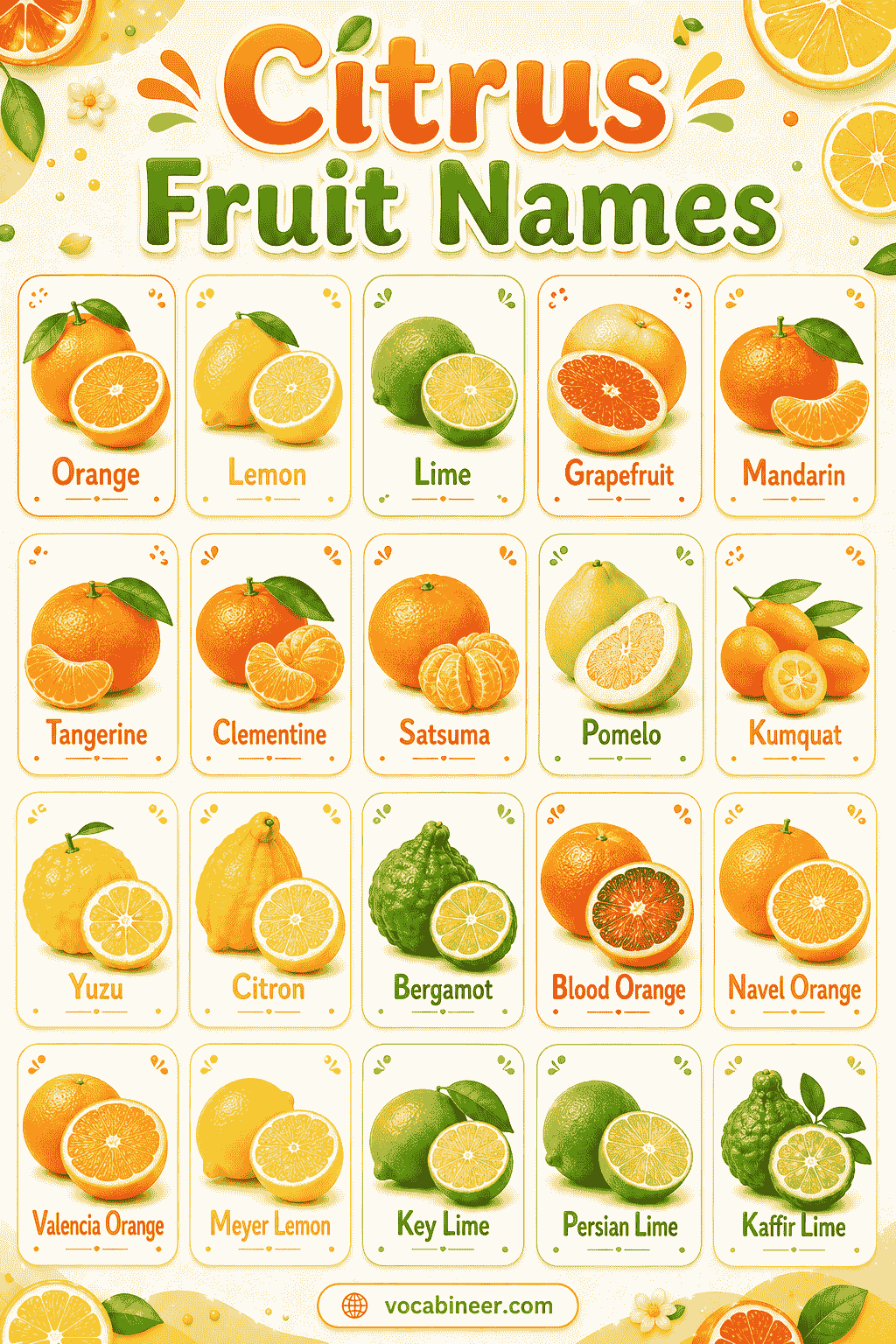 Different types of citrus fruits with pictures for easy learning.